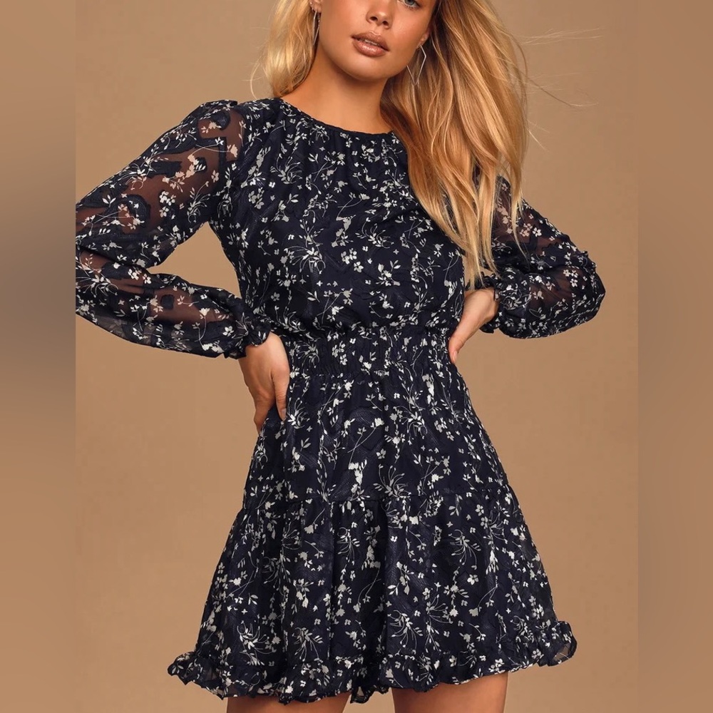 Lulus Too Cute Navy Blue Floral Print Smocked Long Sleeve Mini Dress